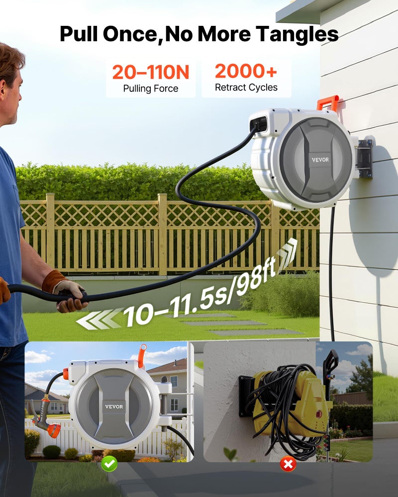 VEVOR Retractable Garden Hose Reel, 1/2 in x 50 ft, Wall Mounted Hose Reel with 9-Function Sprayer Nozzle and 180Â° Swivel Bracket, Any Length Lock, Automatic Slow Rewind System, for Garden Watering - Image 3
