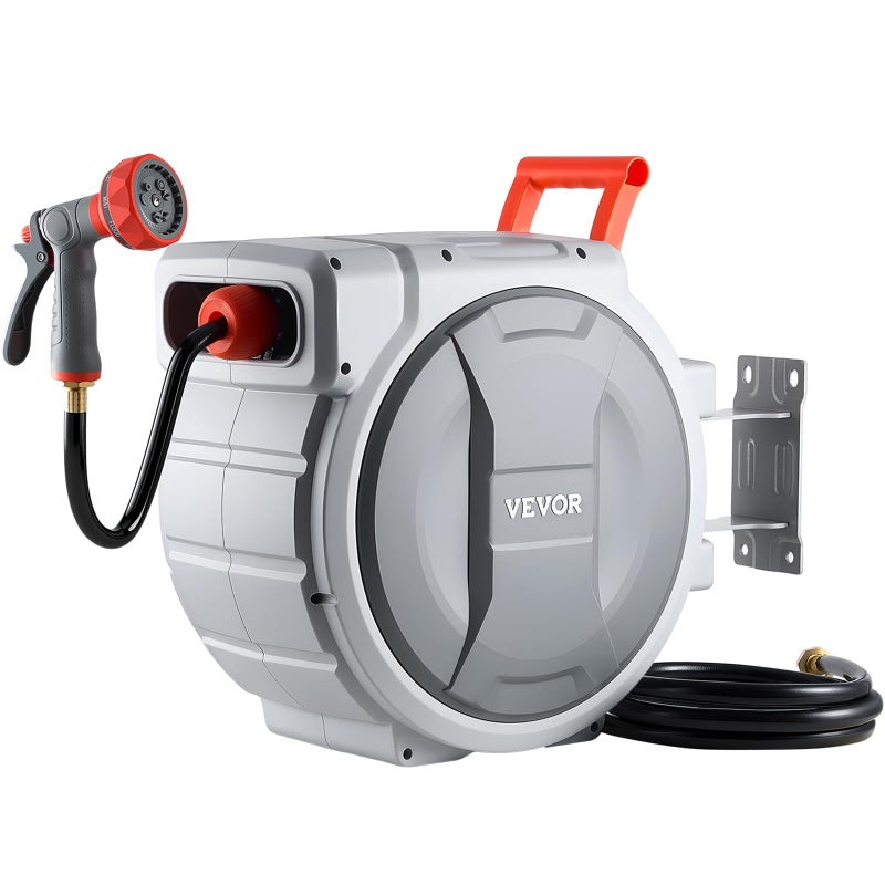 VEVOR Retractable Garden Hose Reel, 1/2 in x 50 ft, Wall Mounted Hose Reel with 9-Function Sprayer Nozzle and 180Â° Swivel Bracket, Any Length Lock, Automatic Slow Rewind System, for Garden Watering - Image 1