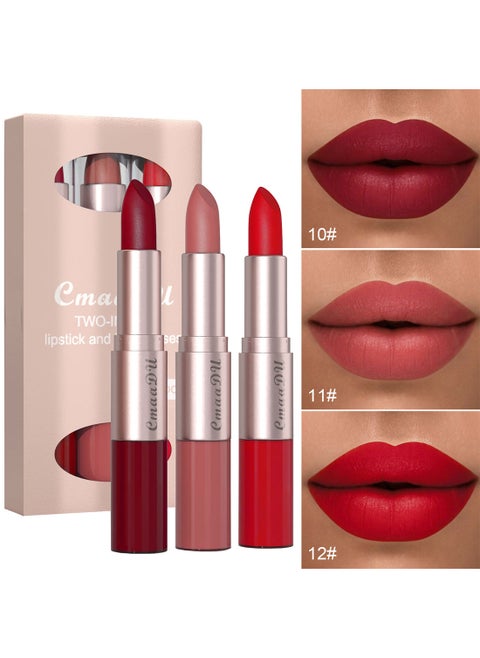 3 Pcs 2 in 1 Lipstick and Lip Gloss Set Matte Velvet Double Headed Waterproof Non Stick Cup Long Lasting High Pigment Lip Makeup for Women