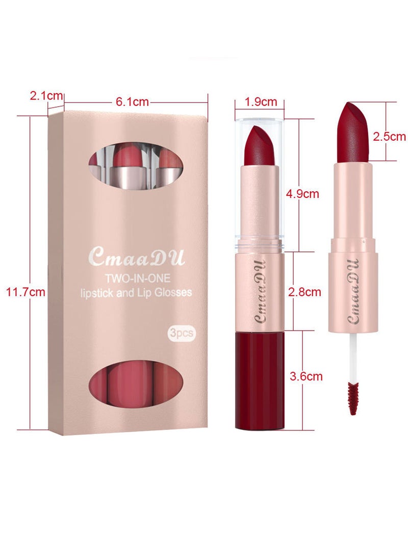 CmaaDu - 3 Pcs 2 in 1 Lipstick and Lip Gloss Set Matte Velvet Double Headed Waterproof Non Stick Cup Long Lasting High Pigment Lip Makeup for Women - Image 1