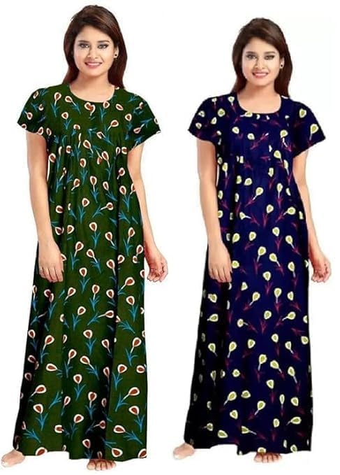 Vlazom Women's Pure Cotton Rajasthani Nighty & Jaipuri Maxi Gown – Pack of 2, Soft & Breathable Sleepwear (Green&Blue1, Free Size) - Image 1