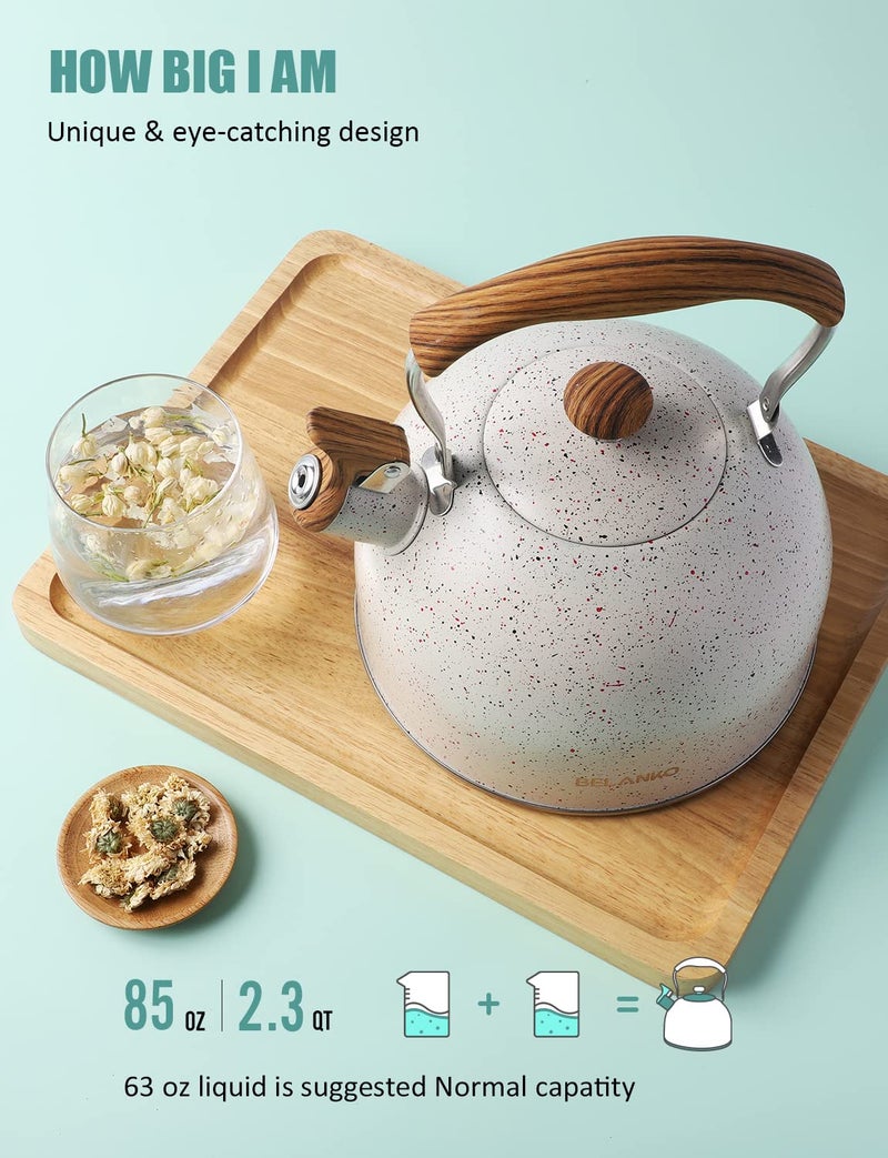 BELANKO Tea Kettle, BELANKO 85 OZ / 2.5 Liter Whistling Tea Kettle, Tea Pots for Stove Top Food Grade Stainless Steel with Wood Pattern Folding Handle, Loud Whistle Kettle for Tea, Coffee, Milk - Cream White - Image 3