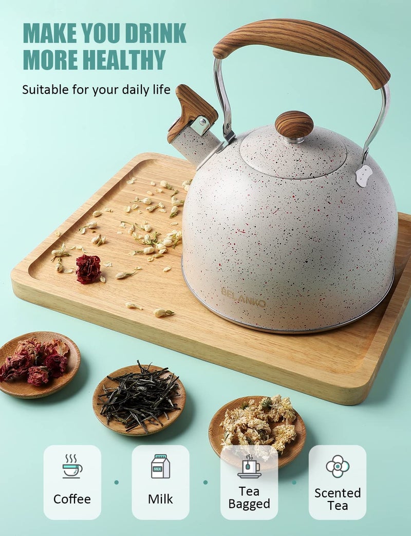 BELANKO Tea Kettle, BELANKO 85 OZ / 2.5 Liter Whistling Tea Kettle, Tea Pots for Stove Top Food Grade Stainless Steel with Wood Pattern Folding Handle, Loud Whistle Kettle for Tea, Coffee, Milk - Cream White - Image 2