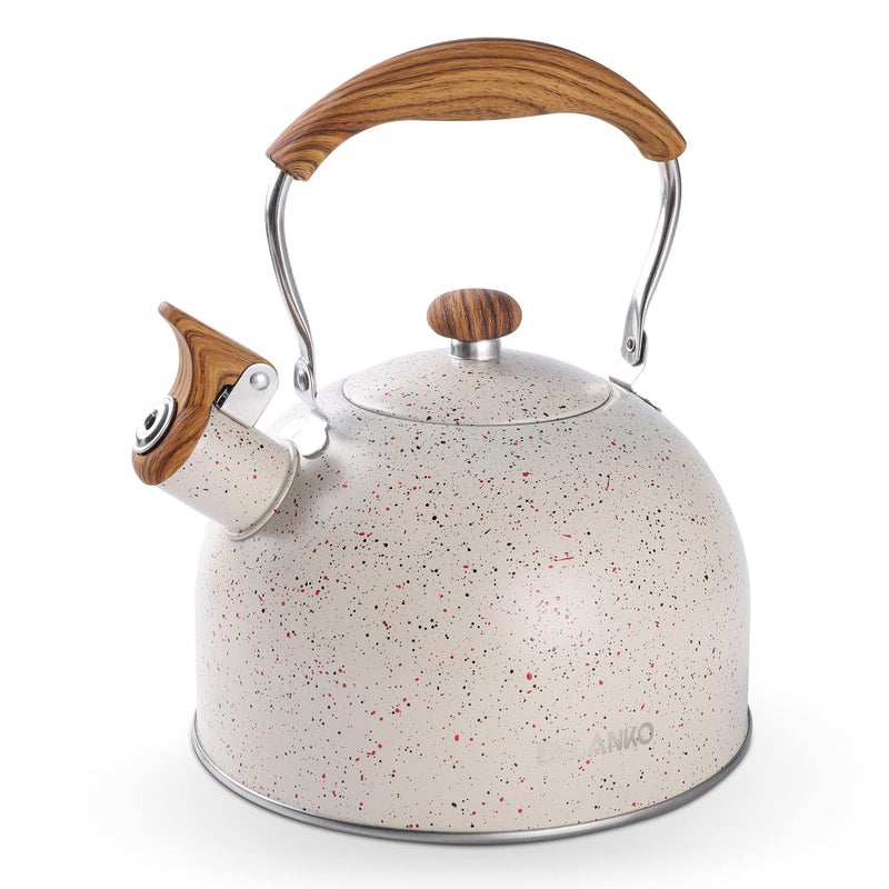 BELANKO Tea Kettle, BELANKO 85 OZ / 2.5 Liter Whistling Tea Kettle, Tea Pots for Stove Top Food Grade Stainless Steel with Wood Pattern Folding Handle, Loud Whistle Kettle for Tea, Coffee, Milk - Cream White - Image 1