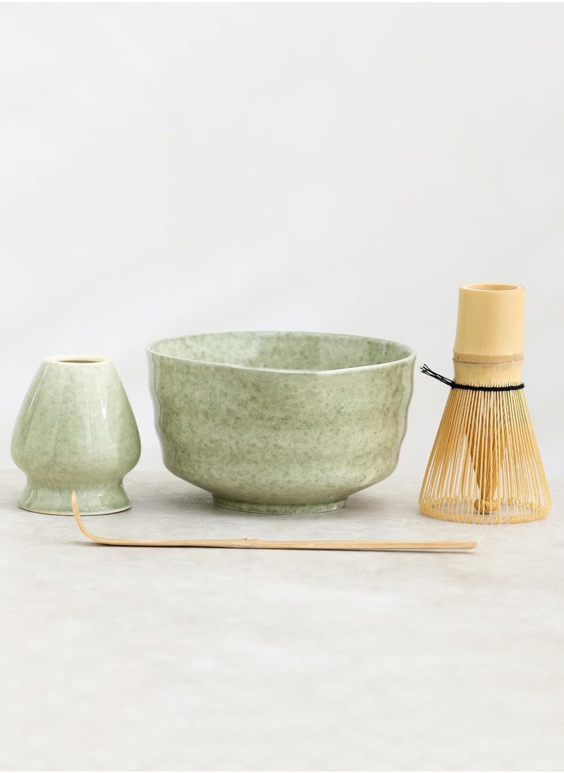 MissTiara 4-piece Japanese Matcha Set with Spout, Ceramic Matcha Bowl+Whisk Holder+Bamboo Whisk+Spoon,for Traditional Tea Ceremony-Coarse Ceramic Perfect Handmade Matcha Kit to Prepare Traditional Matcha Tea, 100% Natural Matcha Gift Kit (Green)  - Image 2