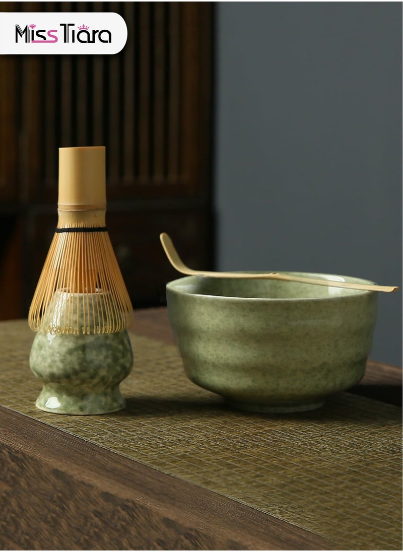 MissTiara 4-piece Japanese Matcha Set with Spout, Ceramic Matcha Bowl+Whisk Holder+Bamboo Whisk+Spoon,for Traditional Tea Ceremony-Coarse Ceramic Perfect Handmade Matcha Kit to Prepare Traditional Matcha Tea, 100% Natural Matcha Gift Kit (Green)  - Image 1