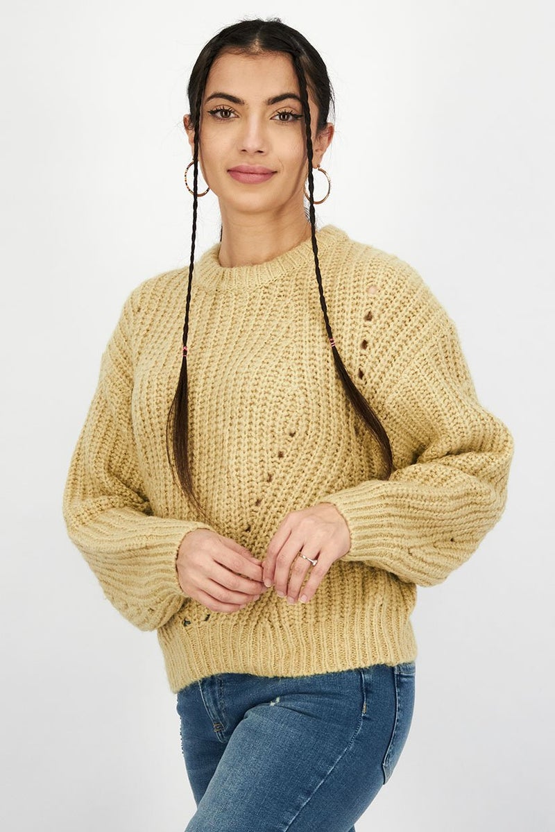 Don't Call Me Jennyfer Women Crew Neck Long Sleeve Knitted Sweater, Khaki - Image 4