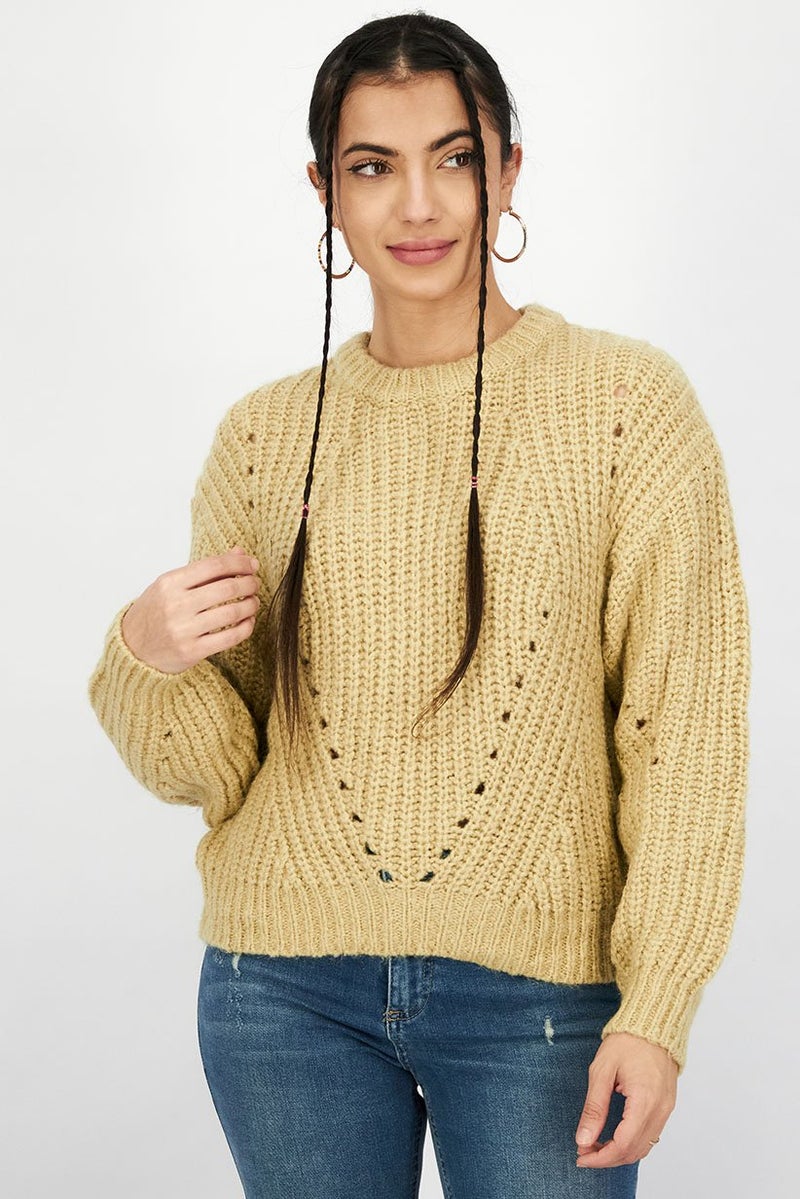Don't Call Me Jennyfer Women Crew Neck Long Sleeve Knitted Sweater, Khaki - Image 1