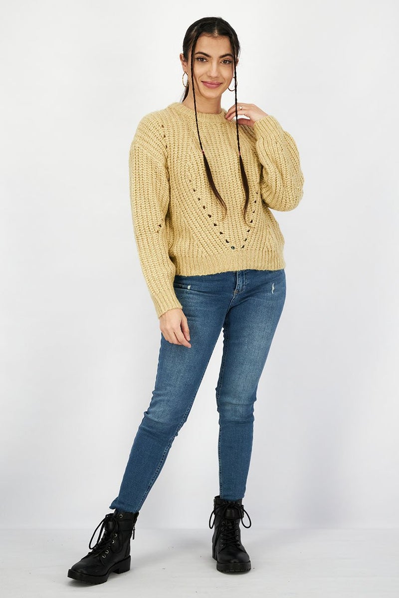 Don't Call Me Jennyfer Women Crew Neck Long Sleeve Knitted Sweater, Khaki - Image 3