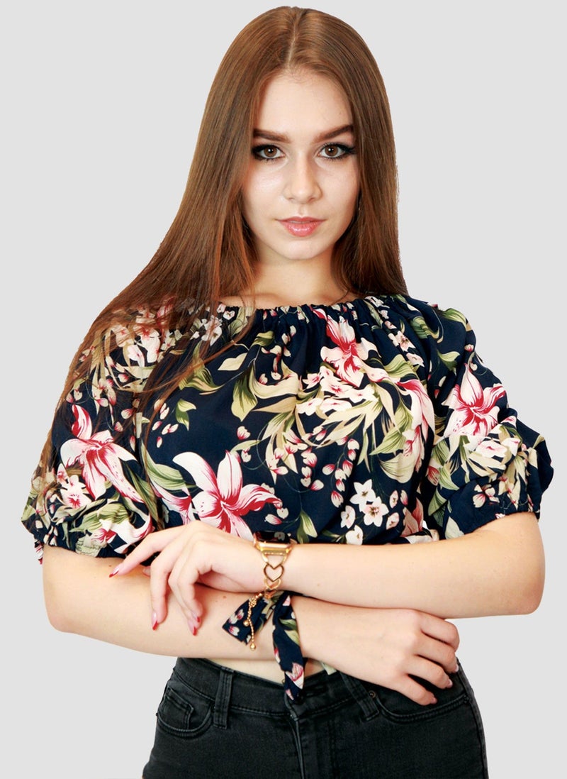 Kidwala Tops For Women, Tees & Blouses Tie Front Knot Floral Pink, Navy Blue & Green Blouse, Round Nick Top With Elbow Sleeve Length, Off Shoulder Puff Sleeves Top - Image 1