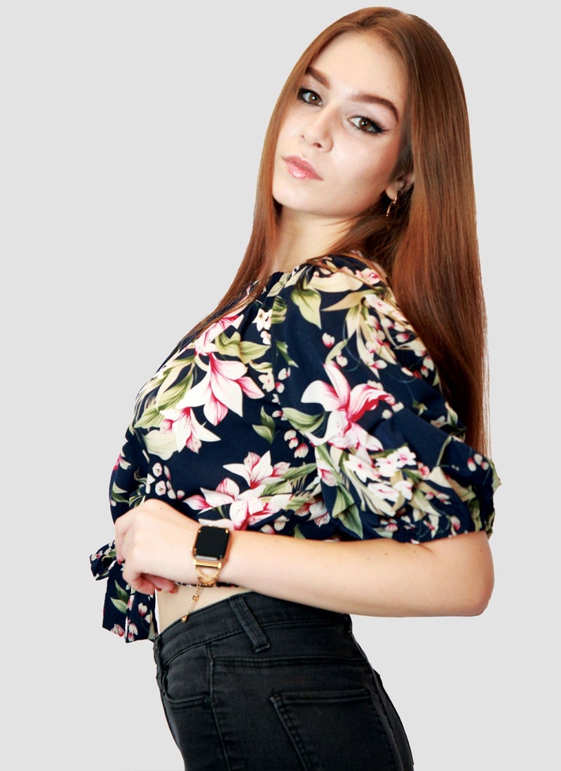 Kidwala Tops For Women, Tees & Blouses Tie Front Knot Floral Pink, Navy Blue & Green Blouse, Round Nick Top With Elbow Sleeve Length, Off Shoulder Puff Sleeves Top - Image 3