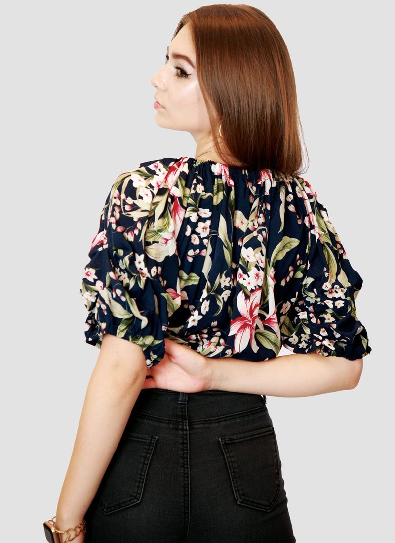 Kidwala Tops For Women, Tees & Blouses Tie Front Knot Floral Pink, Navy Blue & Green Blouse, Round Nick Top With Elbow Sleeve Length, Off Shoulder Puff Sleeves Top - Image 4