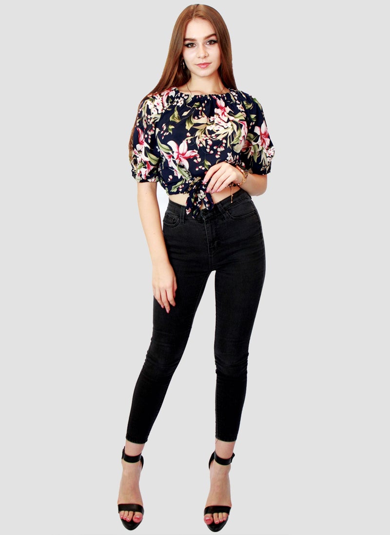 Kidwala Tops For Women, Tees & Blouses Tie Front Knot Floral Pink, Navy Blue & Green Blouse, Round Nick Top With Elbow Sleeve Length, Off Shoulder Puff Sleeves Top - Image 5