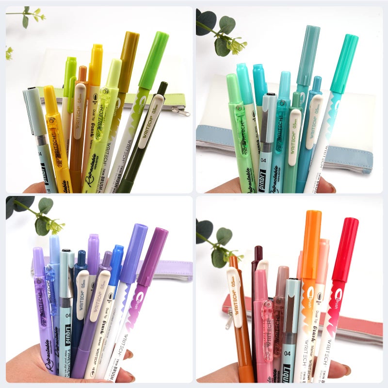 WRITECH Journaling Kit, Gel Ink Pens/Retractable Highlighters/Dual Tip Brush Pens/Fineliner Pens, Smooth Writing Assorted Colors Journaling Supplies, 9 Count with Pen Bag (Haze blue & purple) - Image 2