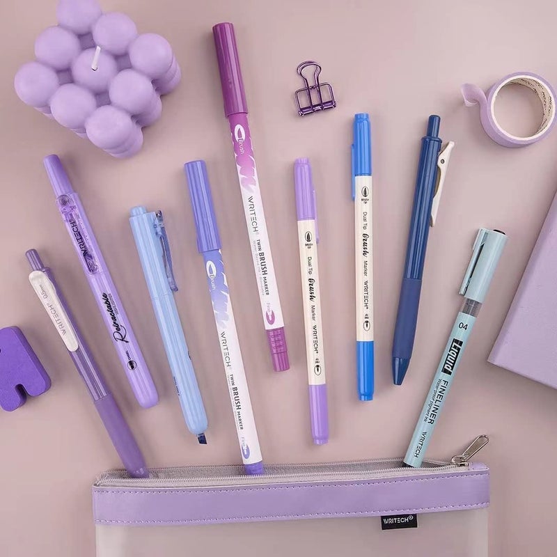 WRITECH Journaling Kit, Gel Ink Pens/Retractable Highlighters/Dual Tip Brush Pens/Fineliner Pens, Smooth Writing Assorted Colors Journaling Supplies, 9 Count with Pen Bag (Haze blue & purple) - Image 3