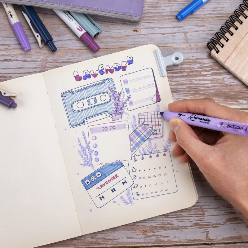 WRITECH Journaling Kit, Gel Ink Pens/Retractable Highlighters/Dual Tip Brush Pens/Fineliner Pens, Smooth Writing Assorted Colors Journaling Supplies, 9 Count with Pen Bag (Haze blue & purple) - Image 4