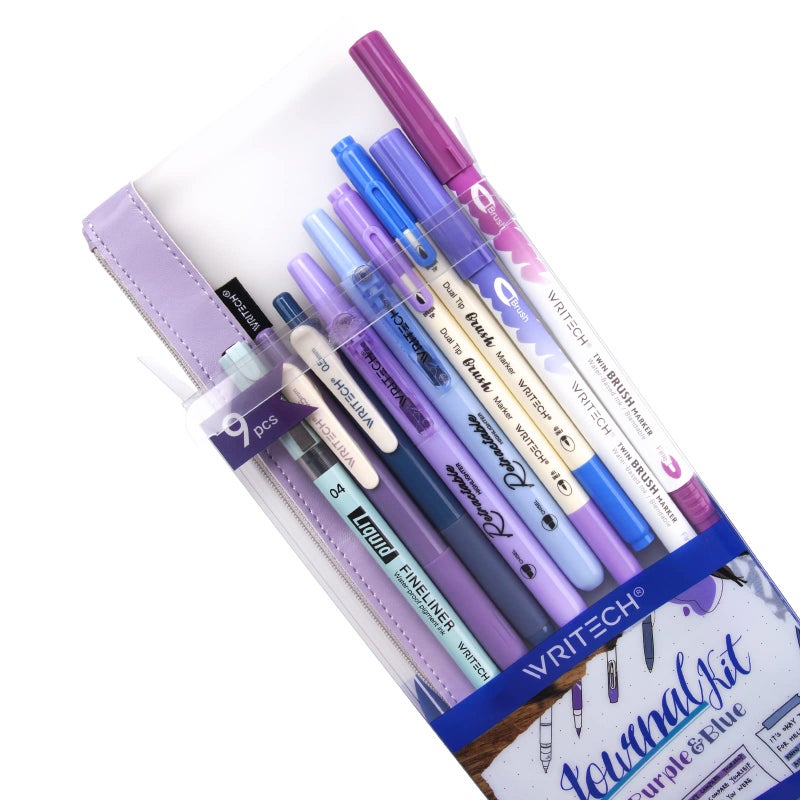 WRITECH Journaling Kit, Gel Ink Pens/Retractable Highlighters/Dual Tip Brush Pens/Fineliner Pens, Smooth Writing Assorted Colors Journaling Supplies, 9 Count with Pen Bag (Haze blue & purple) - Image 1