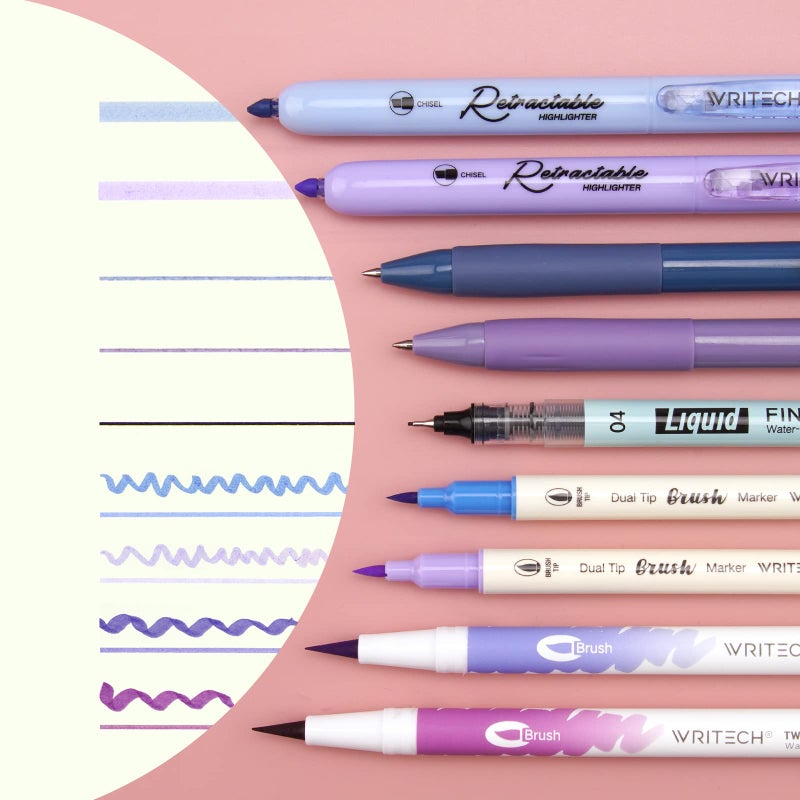 WRITECH Journaling Kit, Gel Ink Pens/Retractable Highlighters/Dual Tip Brush Pens/Fineliner Pens, Smooth Writing Assorted Colors Journaling Supplies, 9 Count with Pen Bag (Haze blue & purple) - Image 5