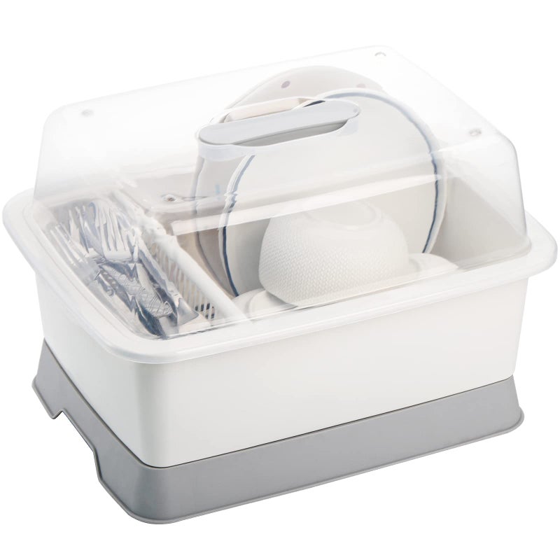 حامل تجفيف الأطباق من لييلف بلاستيك مع غطاء ودرج قابل للإزالة باللون الأبيض لحامل الأدوات والأكواب لمطبخك، حجم متوسط