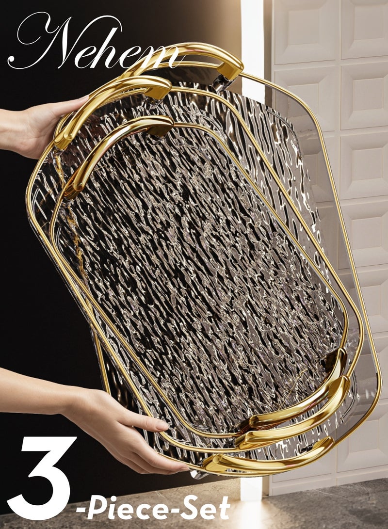 nehem 3 PCS Clear Serving Tray, With Polished Metal Handles, Serving Plate, Wavy Pattern Clear Tray, Spill-Proof Tray, Decorative Serving Tray for Coffee Table, Tea, Storage - Image 1