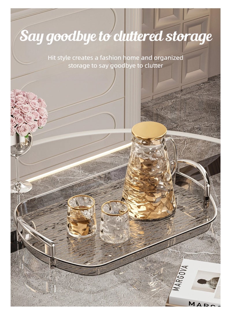 nehem 3 PCS Clear Serving Tray, With Polished Metal Handles, Serving Plate, Wavy Pattern Clear Tray, Spill-Proof Tray, Decorative Serving Tray for Coffee Table, Tea, Storage - Image 3