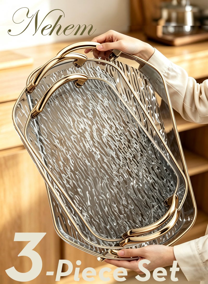 nehem 3 PCS Clear Serving Tray, With Polished Metal Handles, Serving Plate, Wavy Pattern Clear Tray, Spill-Proof Tray, Decorative Serving Tray for Coffee Table, Tea, Storage - Image 1