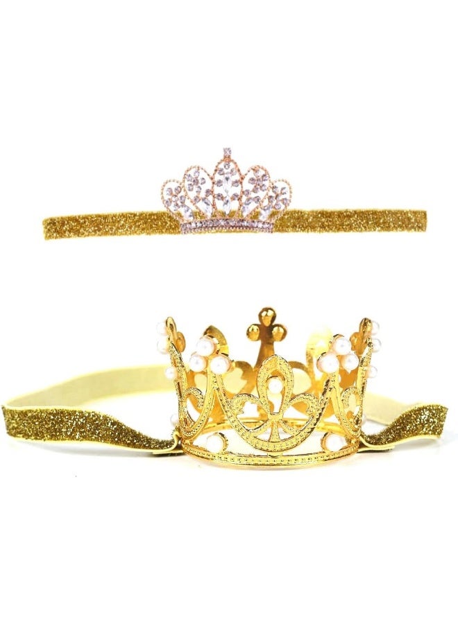 Nishine Nishine 2 pieces Baby Girls Crown Headband Princess Tiara Headdress Set Toddler Elastic Head Band, Gold, S  - Image 1