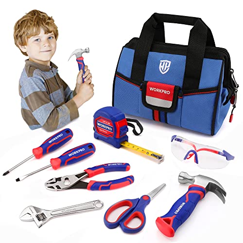 WORKPRO 9-Piece Kids Real Hand Tool Set, Blue Junior Tool Kit with Storage Bag for Boys, Girls, Children DIY Building and Woodworking, Age 8+ - Image 1