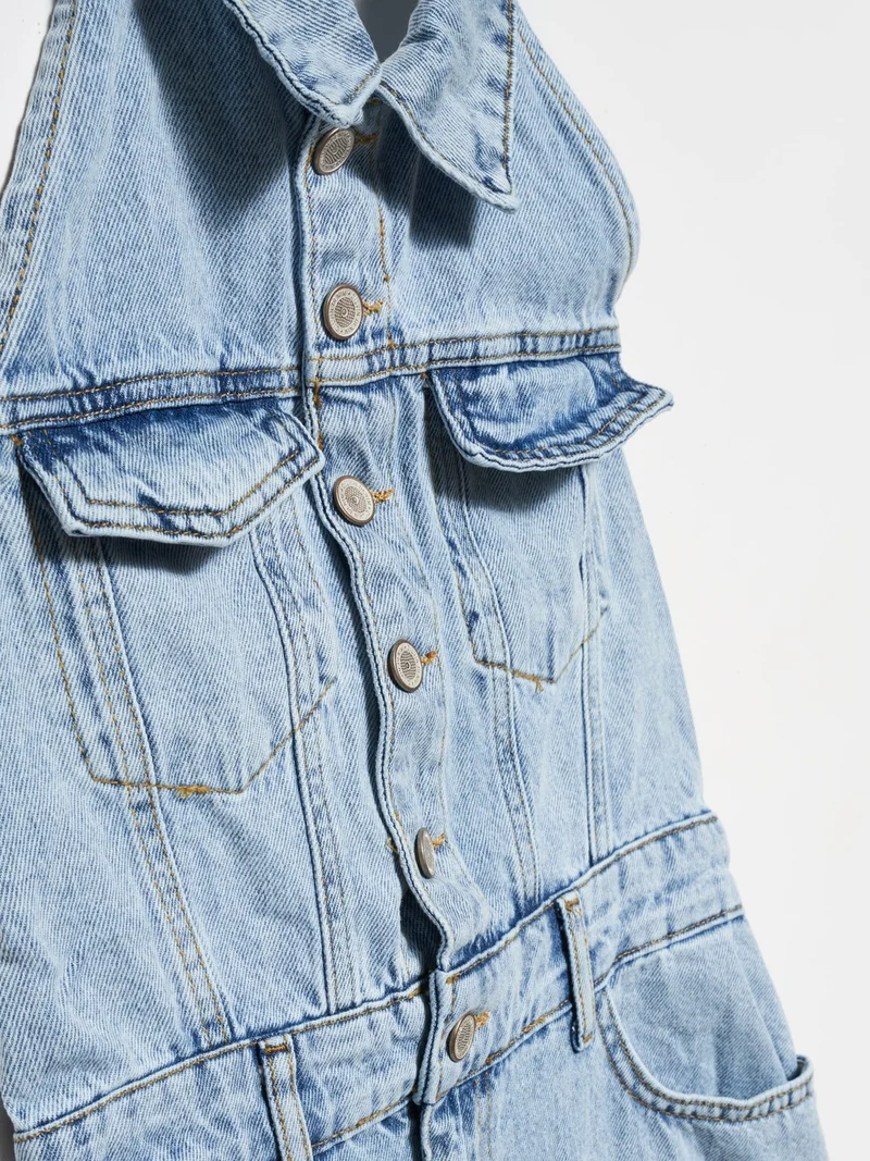Dilvin 90514 Open Back Snow Wash Denim Dress-Blue