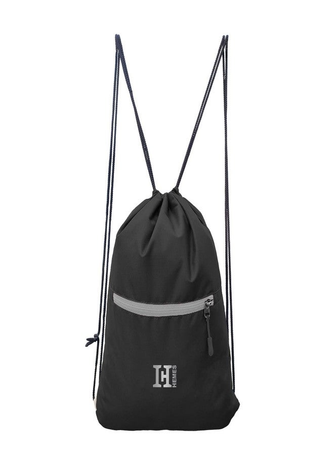H-HEMES Drawstring Backpack Small Bag Gym Bag for Women & Men With Front Zipper Pocket 12L Dori Bag (Black & Grey) - Image 1