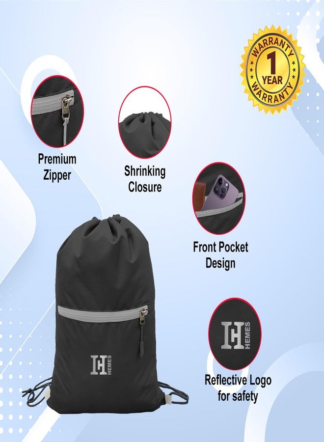 H-HEMES Drawstring Backpack Small Bag Gym Bag for Women & Men With Front Zipper Pocket 12L Dori Bag (Black & Grey) - Image 2