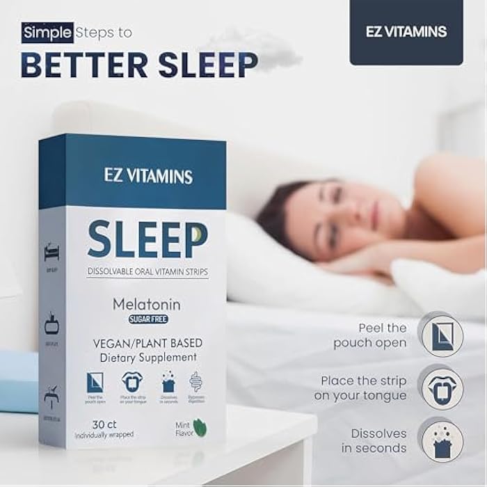 EZ VITAMINS Dissolvable Oral Sleep Strips with 5 mg Melatonin, Valerian Root, L-Theanine and Vitamin B6 - Fresh Mint Flavor, No Water Needed, Works Faster Than Gummies, Sleep Support Oral Strips, 30ct - Image 2