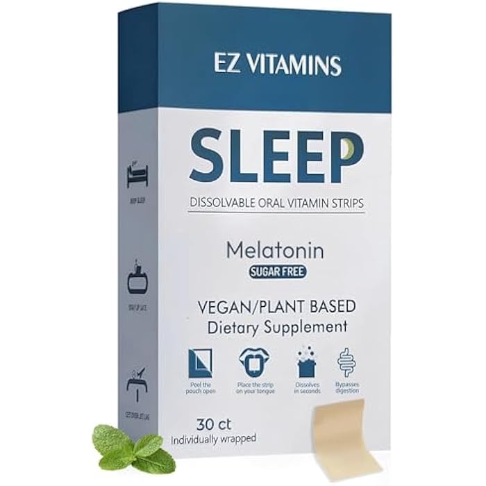EZ VITAMINS Dissolvable Oral Sleep Strips with 5 mg Melatonin, Valerian Root, L-Theanine and Vitamin B6 - Fresh Mint Flavor, No Water Needed, Works Faster Than Gummies, Sleep Support Oral Strips, 30ct - Image 1
