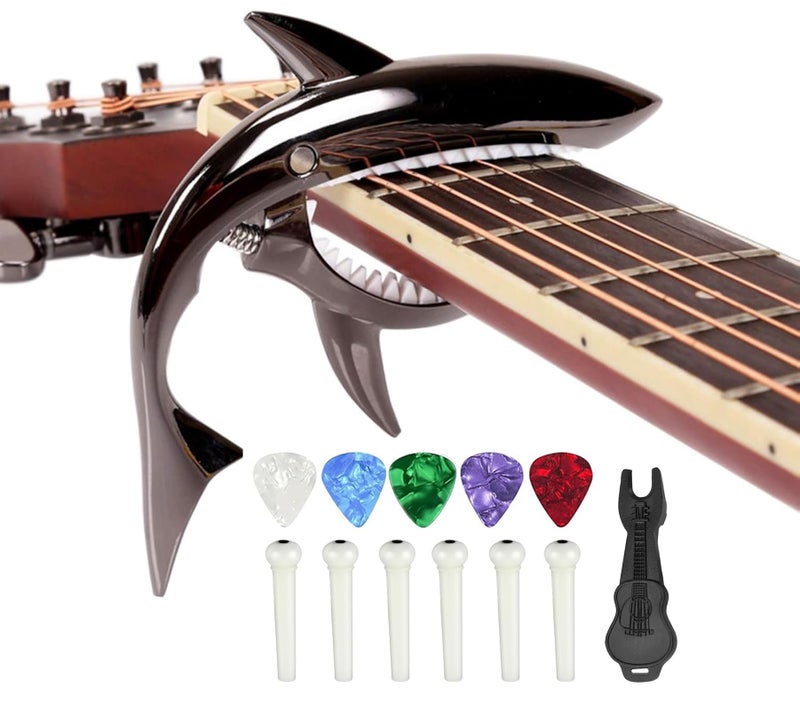 JINWEE Shark Capo for Electric Acoustic Classical Guitar with 6 Pcs Bridge Pins & Bridge Pin Puller Remover, Guitar Replacement Parts and Accessories Set - Image 1