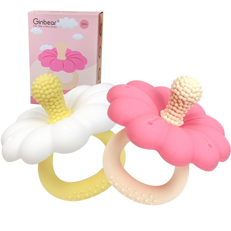 Ginbear Silicone Baby Teether for Girls BPA Free Food Grade Infant Teething Toys Soothing Baby Chew Toys Sensory Teething Pain Relief Pacifier 3 Months  Set of 2 - Image 1
