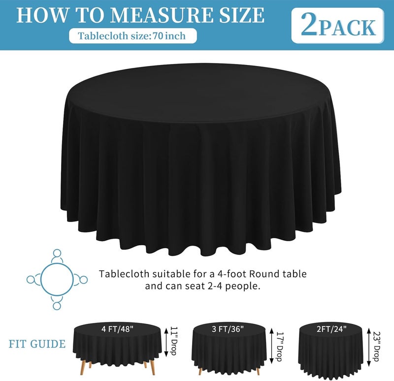 FXKS 2 Pack Black Round Tablecloth 177 cm Washable Table Cloth,Polyester Circle Table Cloth,Stain and Wrinkle Resistant Black Fabric,Tablecloth for Wedding Banquet Party - Image 2