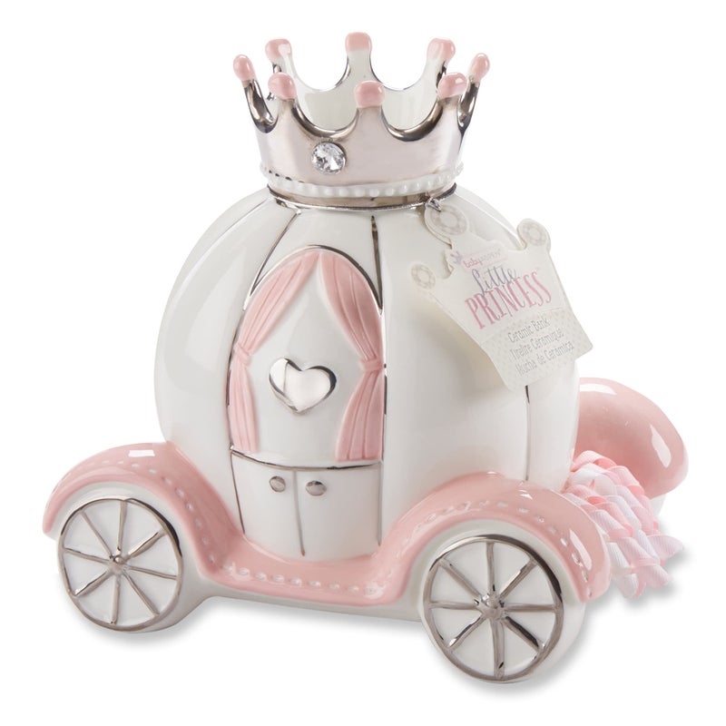 Baby Aspen Ceramic Porcelain Princess Carriage Piggy Bank for A Baby Shower or Baby Girl Room Decor PinkSilverWhite