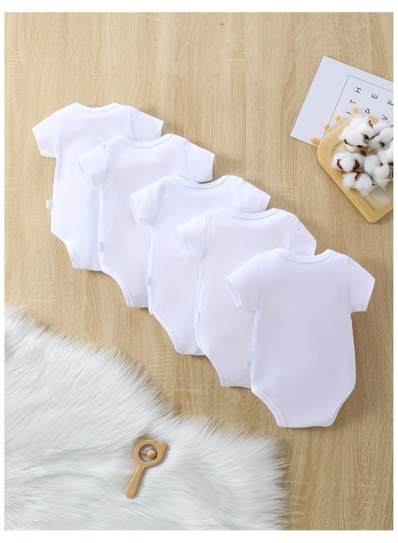 5pcs-Newborn Baby Clothes -Short Sleeve Crew Neck Bodysuit Onesies – Solid Color Romper, Baby Gift Set, Newborn Infant Outfit, Unisex Baby Rompers, Baby Shower Gift - Image 1