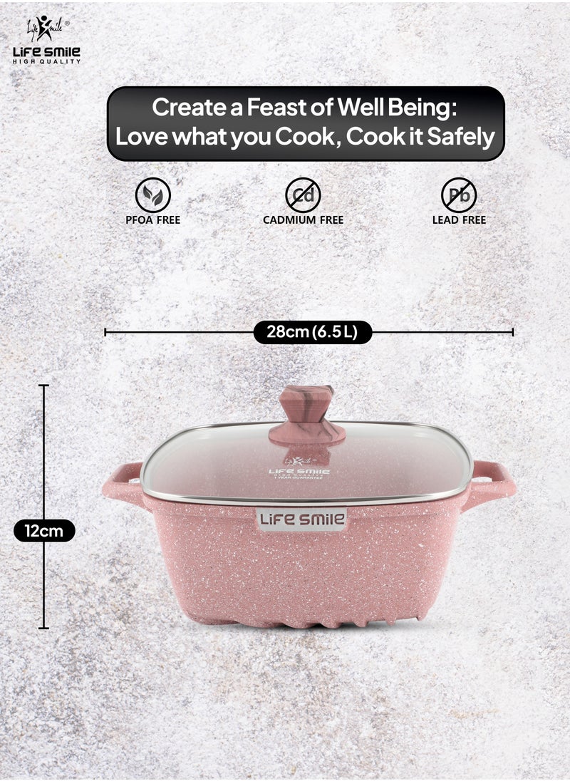 Life Smile 28CM (6.5 Liter) Square Cooking Pot Aluminium Stock Pot Non-Stick Granite Coating With Glass Lid  - Image 2