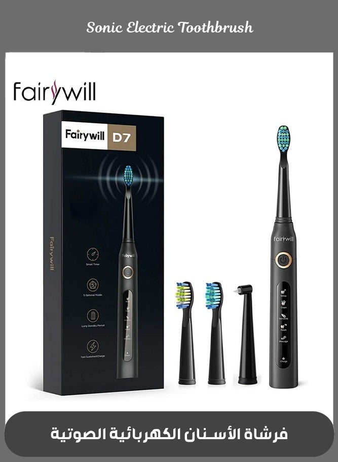 Fairywill Sonic Electric Toothbrush Adult Couple Rechargeable Electric Toothbrush Black 4 Brush Heads - Image 1