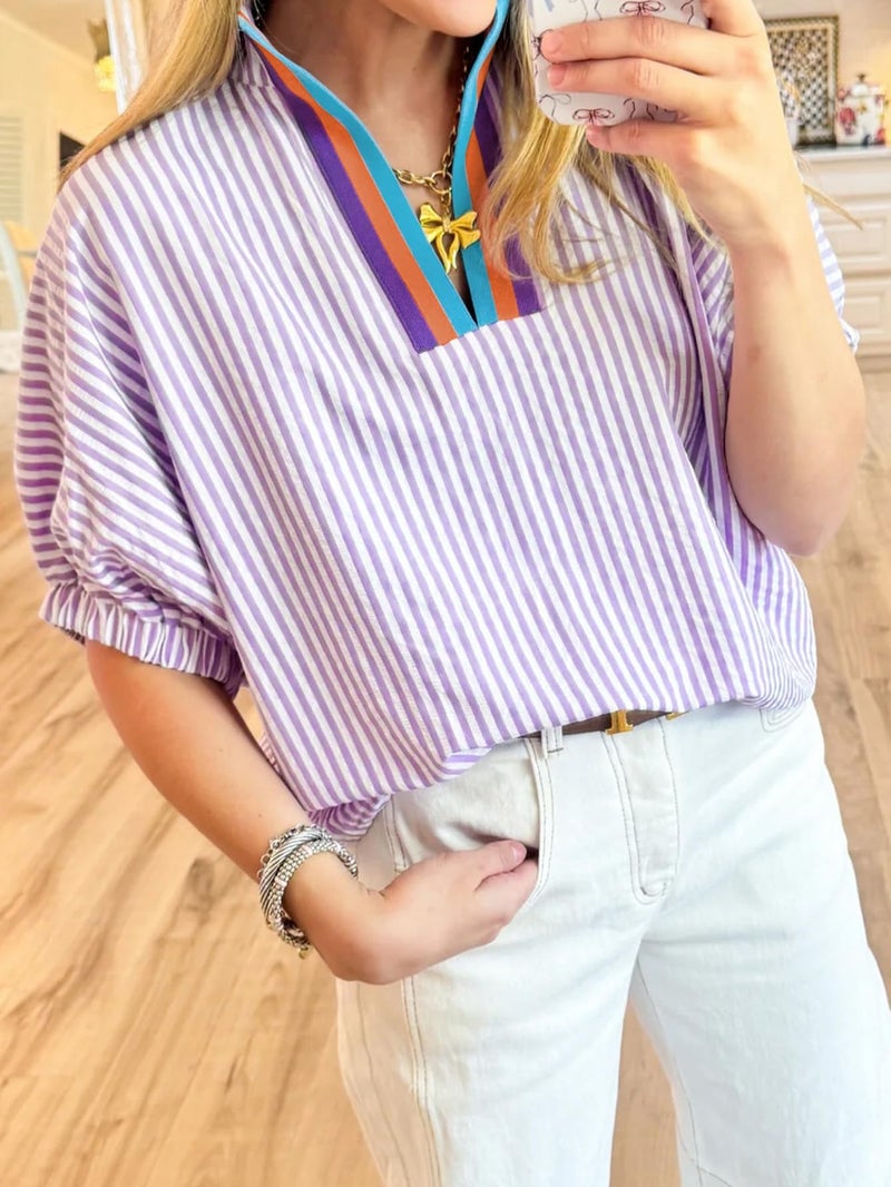Samefar Women's Blouses Striped V Neck Short Sleeve Tops Summer Casual Loose Fit Business Tee Shirts Dressy Vertical Purple Small - Image 4