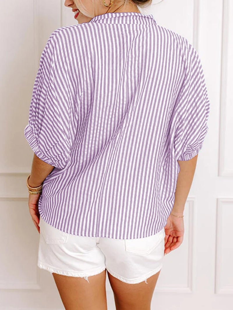Samefar Women's Blouses Striped V Neck Short Sleeve Tops Summer Casual Loose Fit Business Tee Shirts Dressy Vertical Purple Small - Image 5