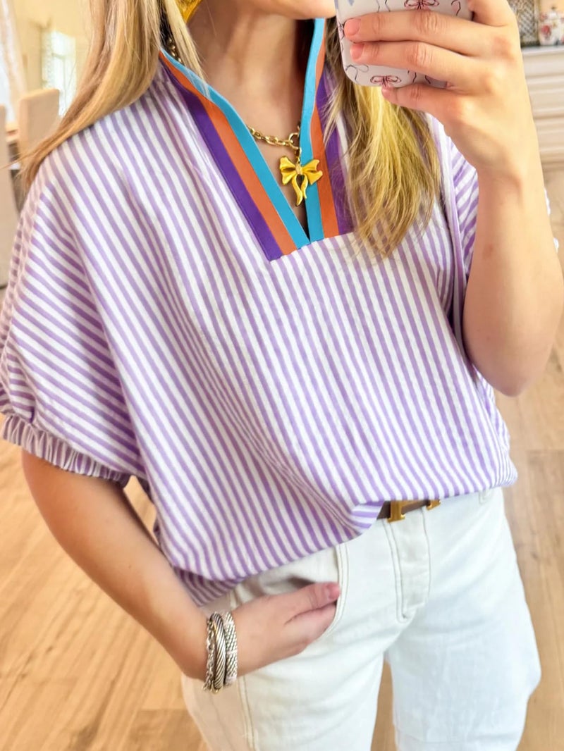 Samefar Women's Blouses Striped V Neck Short Sleeve Tops Summer Casual Loose Fit Business Tee Shirts Dressy Vertical Purple Small - Image 3