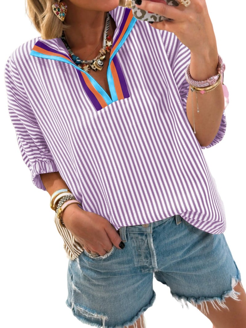 Samefar Women's Blouses Striped V Neck Short Sleeve Tops Summer Casual Loose Fit Business Tee Shirts Dressy Vertical Purple Small - Image 1