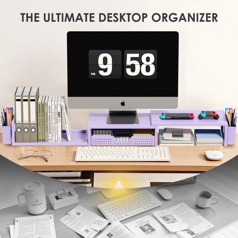 OPNICE Desk Organizers and Accessories, Dual Computer Monitor Stand Riser with Drawer and 2 Pen Holders, Office Desk Accessories, Workspace Desktop Organization for Office Supplies (Purple Metal ) - Image 5
