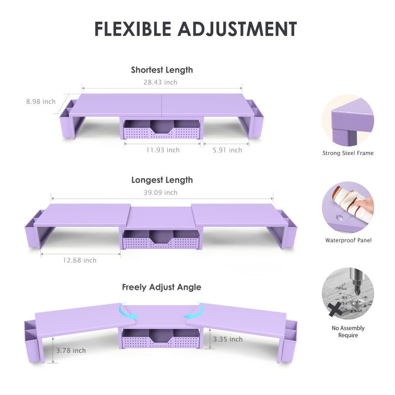 OPNICE Desk Organizers and Accessories, Dual Computer Monitor Stand Riser with Drawer and 2 Pen Holders, Office Desk Accessories, Workspace Desktop Organization for Office Supplies (Purple Metal ) - Image 3