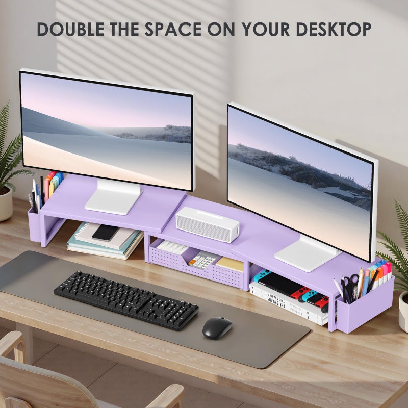 OPNICE Desk Organizers and Accessories, Dual Computer Monitor Stand Riser with Drawer and 2 Pen Holders, Office Desk Accessories, Workspace Desktop Organization for Office Supplies (Purple Metal ) - Image 4