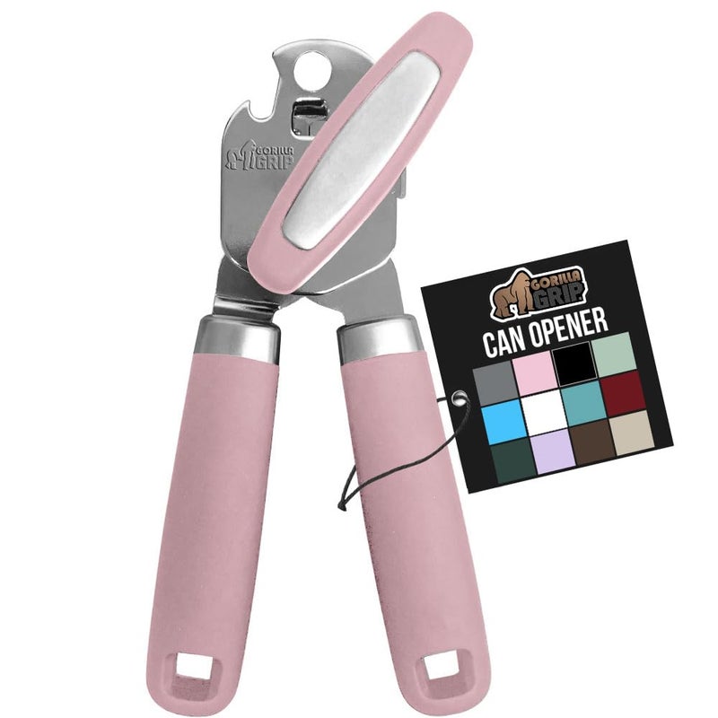 GORILLA GRIP Heavy Duty Stainless Steel Smooth Edge Manual Can Opener and Bottle Openers Soft Comfortable Handle Oversized Handheld Turn Knob US Designed Multifunctional Kitchen Tool Pink