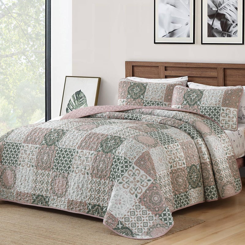 Dobuyly Boho Patchwork Quilt Set Queen Size, Blush Pink/Grey Plaid Bedspread Coverlet Set, 3 Pieces Soft Lightweight Farmhouse Quilt Bedding Set for All Seasons 96"x90" - Image 2