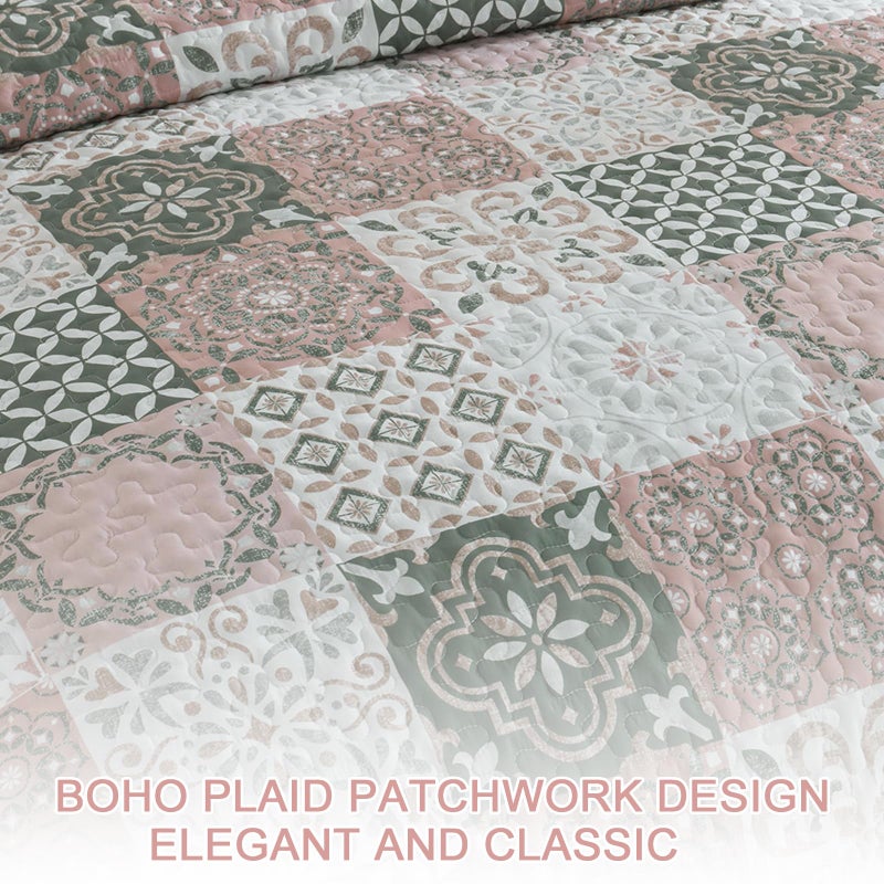 Dobuyly Boho Patchwork Quilt Set Queen Size, Blush Pink/Grey Plaid Bedspread Coverlet Set, 3 Pieces Soft Lightweight Farmhouse Quilt Bedding Set for All Seasons 96"x90" - Image 5